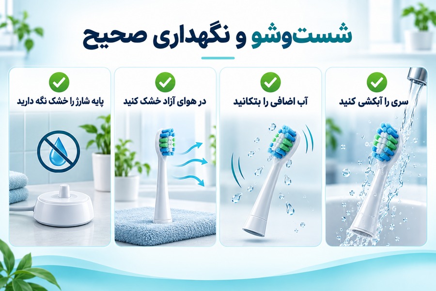 روش شستوشو و نگهداری مسواک برقی شامل آبکشی سری، خشککردن و محافظت از پایه شارژ